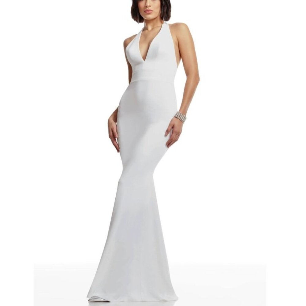 New Dress the Population Camden Long White Halter Maxi Mermaid Gown Dress L